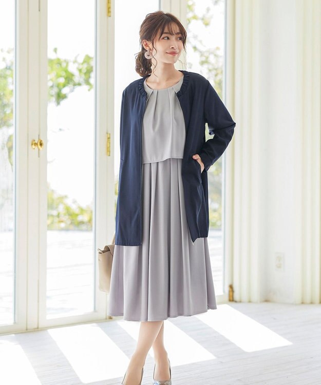 Tiaclasse 【洗える】大人可愛い衿ギャザーミディアムコート ネイビー