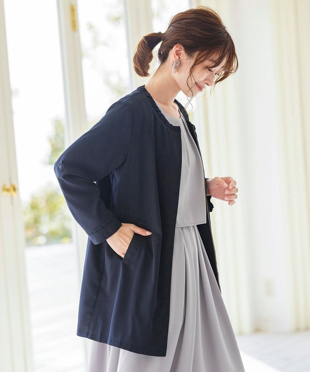 Tiaclasse 【洗える】大人可愛い衿ギャザーミディアムコート ネイビー