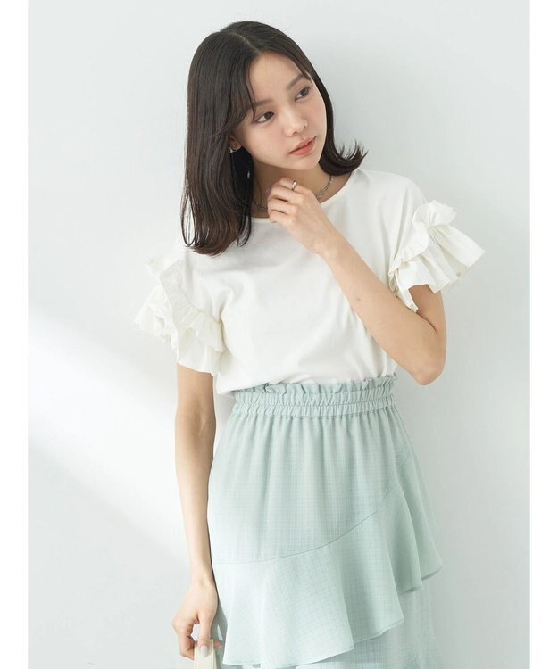 earth music&ecology フリルスリーブカットソー Off White