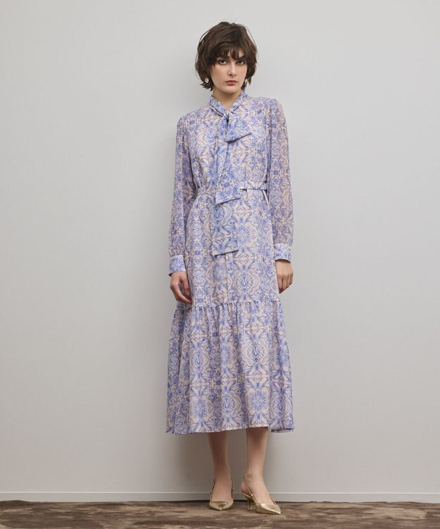 GRACE CONTINENTAL ダマスク柄風プリントワンピース ブルー