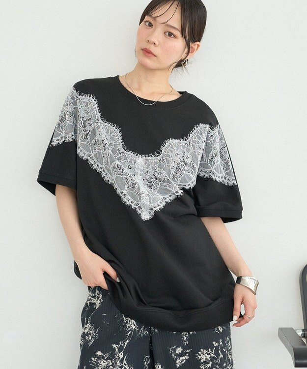 earth music&ecology レース切替ドルマン裏毛プルオーバー Black