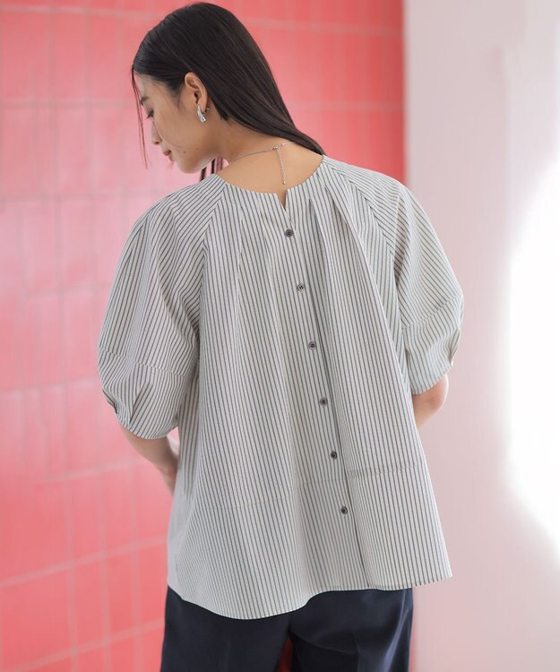 組曲 【前後着用可】ソフトサッカーラグランスリーブ ブラウス エクリュ×ネイビーストライプ系1