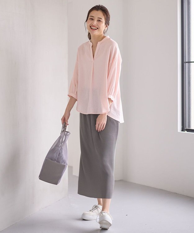 ANY L 【手洗い可能】ヨーロピアンリネンスキッパーネックブラウス ピンク