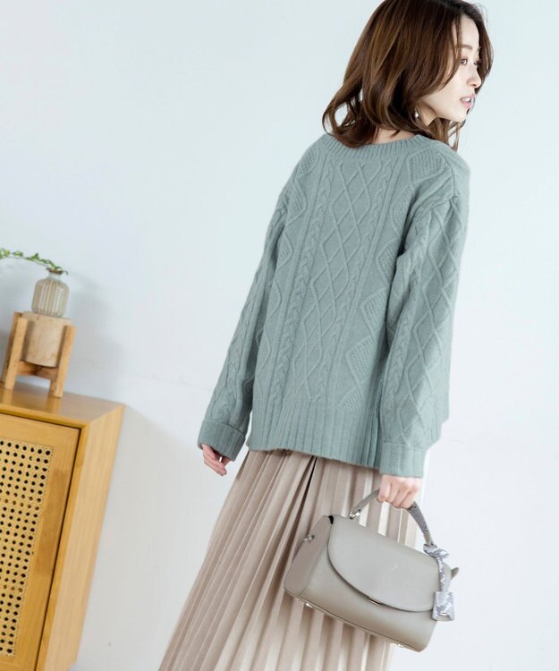 Tiaclasse 【洗える】アラン柄キーネックニットトップス ミント