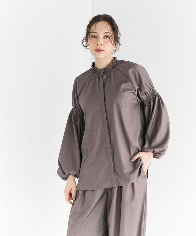 #Newans 【洗濯機可/しわになりにくい】シャーリングネック ボリュームスリーブブラウス モカブラウン