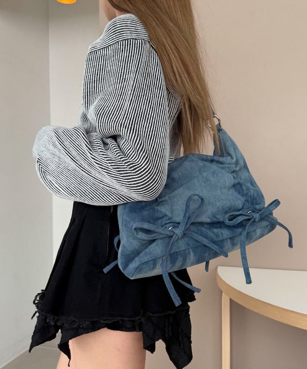 WEGO ギャザーリボンハーフムーンバッグ デニム淡加工色