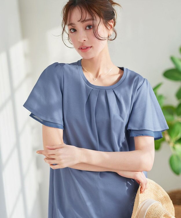 Tiaclasse 【UVケア・接触冷感】“あまラク” シフォンフレアスリーブカットソーチュニック ブルー