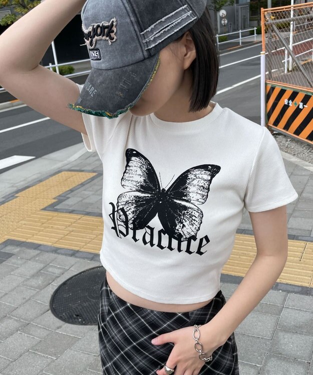 WEGO バタフライプリントリブT ホワイト