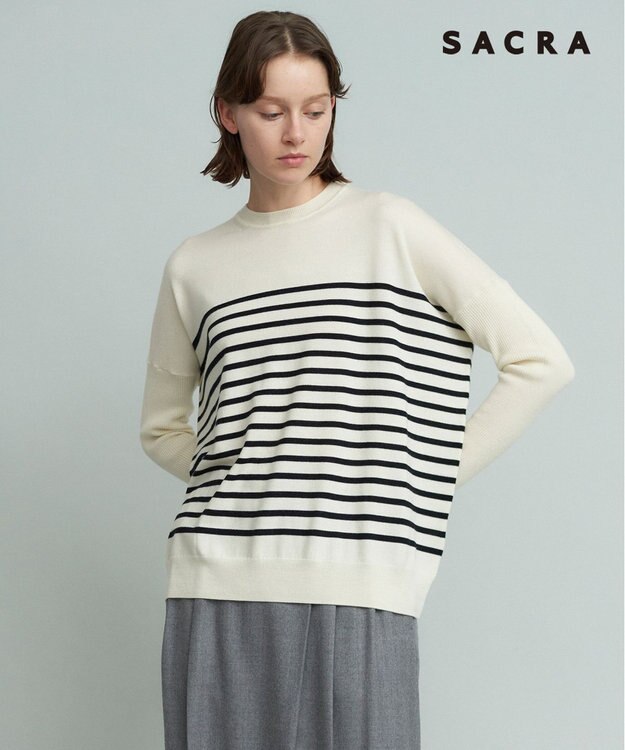23区 【SACRA】エクストラファインメリノ ボーダーニット ホワイト系