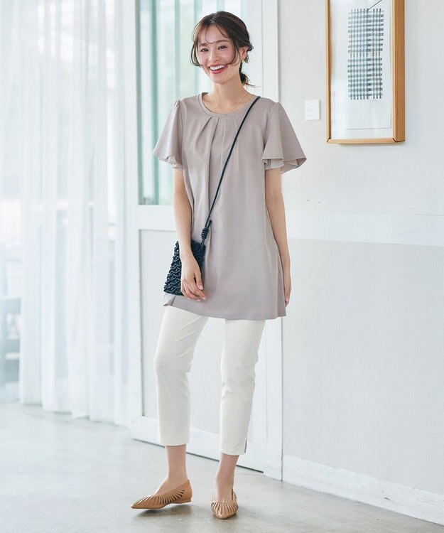 Tiaclasse 【UVケア・接触冷感】“あまラク” シフォンフレアスリーブカットソーチュニック グレージュ