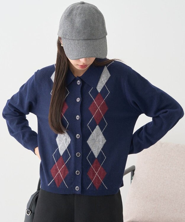 earth music&ecology 【予約】襟付きアーガイルニットカーディガン ネイビー