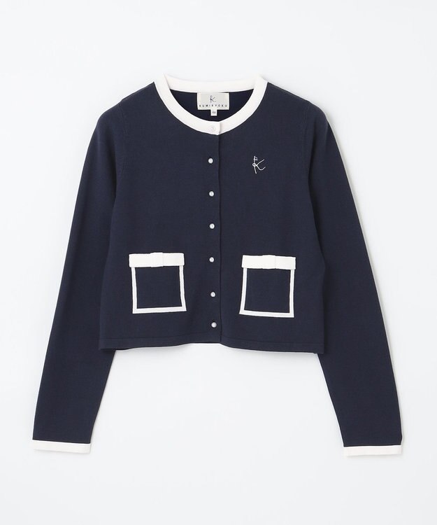 組曲 KIDS 【150-160cm】リボンインターシャニット カーディガン ネイビー系