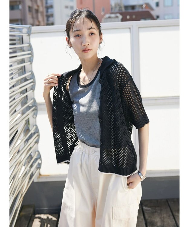 CRAFT STANDARD BOUTIQUE 配色メッシュニットカーディガン Black