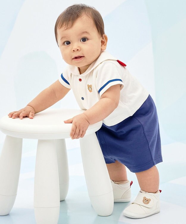 MIKI HOUSE HOT BISCUITS 【70-80cm】くま耳 セーラーカラー ショートオール 白