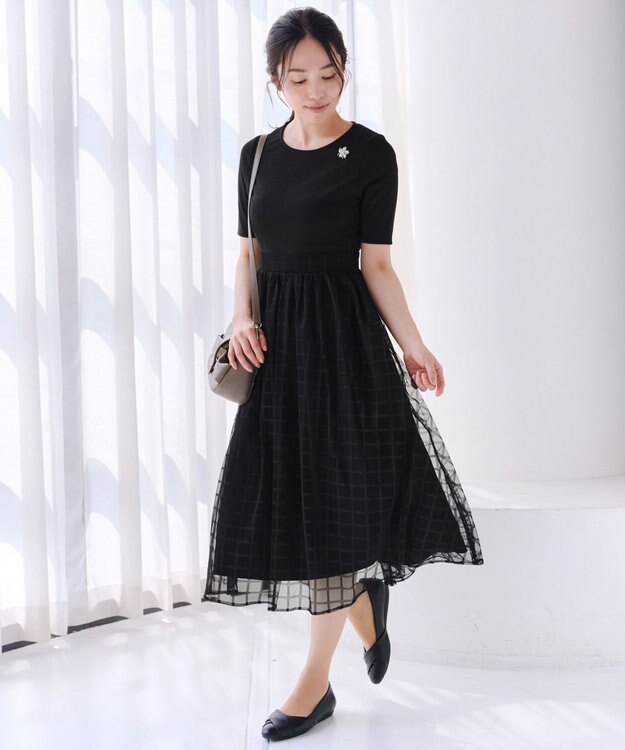 Tiaclasse 【洗える】異素材ドッキングワンピース ブラック