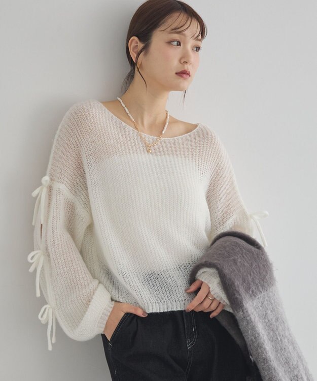 earth music&ecology サイドリボン透かしニットプルオーバー Off White
