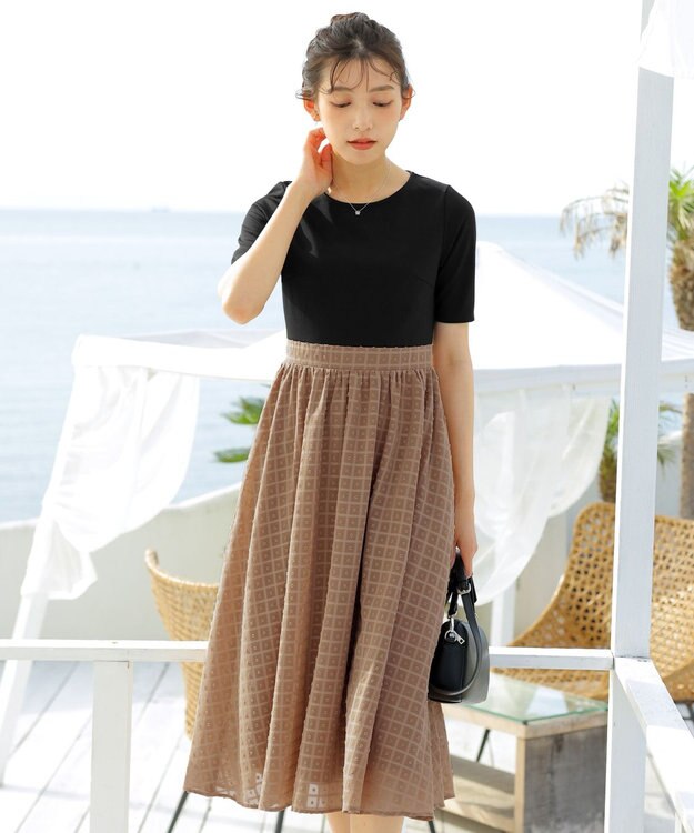 Tiaclasse 【洗える】異素材ドッキングワンピース ブラック×キャメル