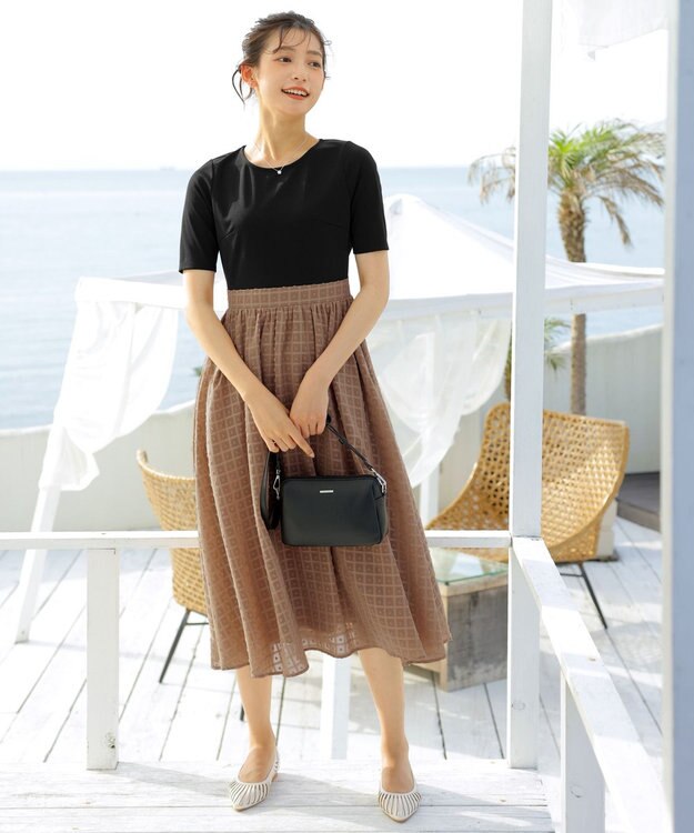 Tiaclasse 【洗える】異素材ドッキングワンピース ブラック×キャメル