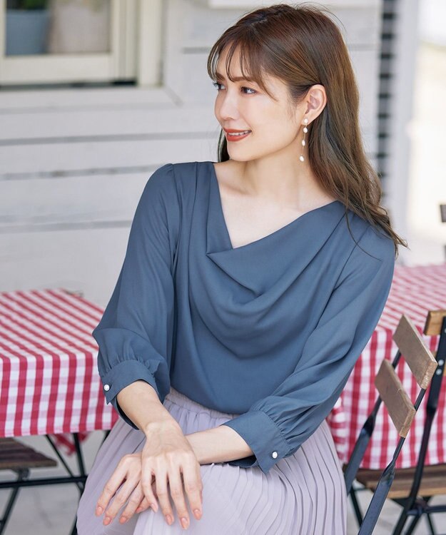 Tiaclasse L 【洗える】胸元ドレープブラウス ブルー