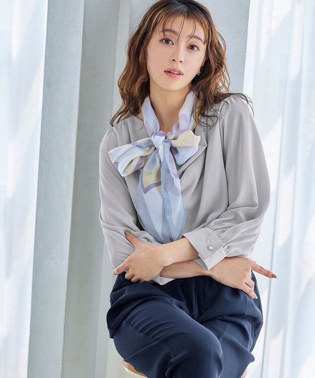 Tiaclasse L 【洗える】胸元ドレープブラウス グレー