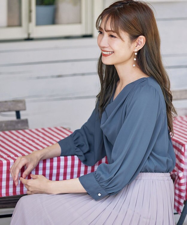 Tiaclasse L 【洗える】胸元ドレープブラウス ブルー