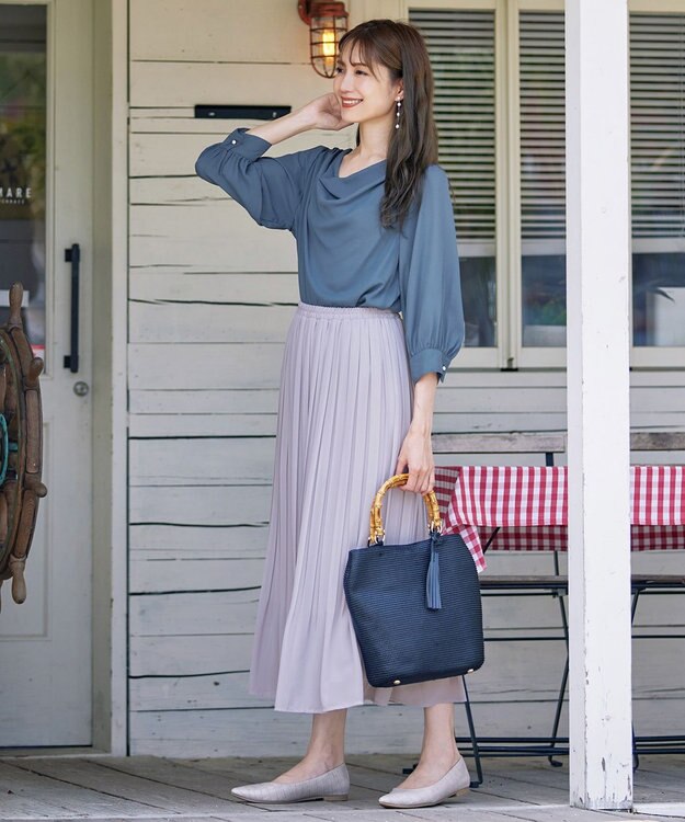 Tiaclasse L 【洗える】胸元ドレープブラウス ブルー