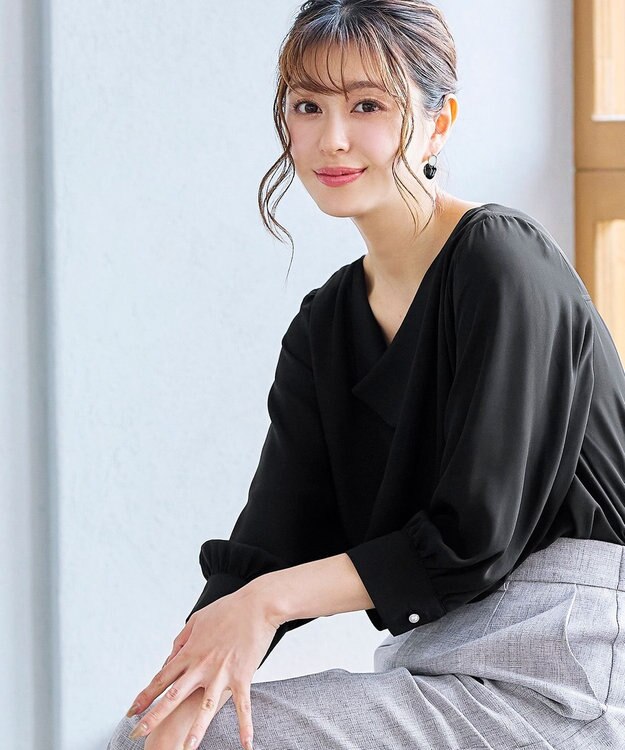 Tiaclasse L 【洗える】胸元ドレープブラウス ブラック