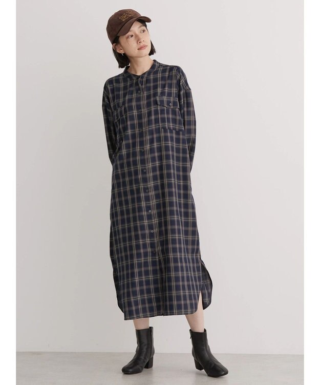 AMERICAN HOLIC イージーケアＷポケットシャツワンピース Check Navy