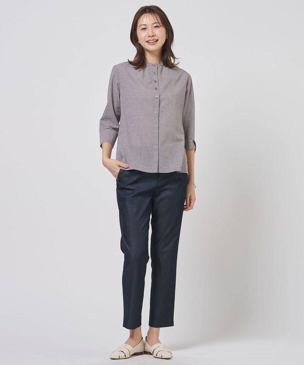 J.PRESS LADIES リネンminiチェック バンドカラー ブラウス ブラウンギンガム系