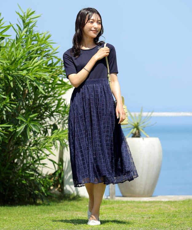 Tiaclasse 【洗える】異素材ドッキングワンピース ネイビー