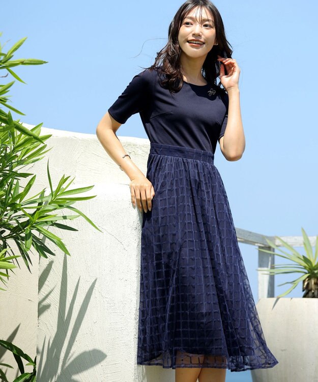 Tiaclasse 【洗える】異素材ドッキングワンピース ネイビー