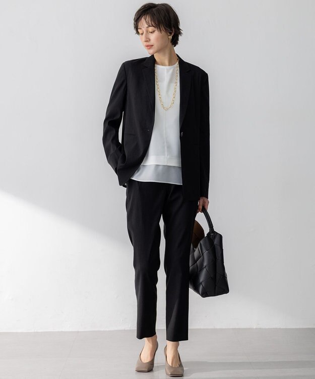 23区 【洗える】リネンレーヨンストレッチ テーパード パンツ ブラック系