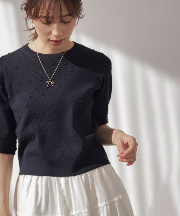 組曲 L 【先行予約・WEB限定】ポップコーンアーガイル5分袖 ニット ネイビー系