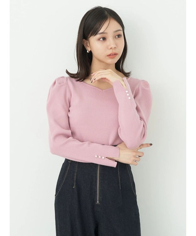 earth music&ecology ハートネック袖パールニットプルオーバー Pink