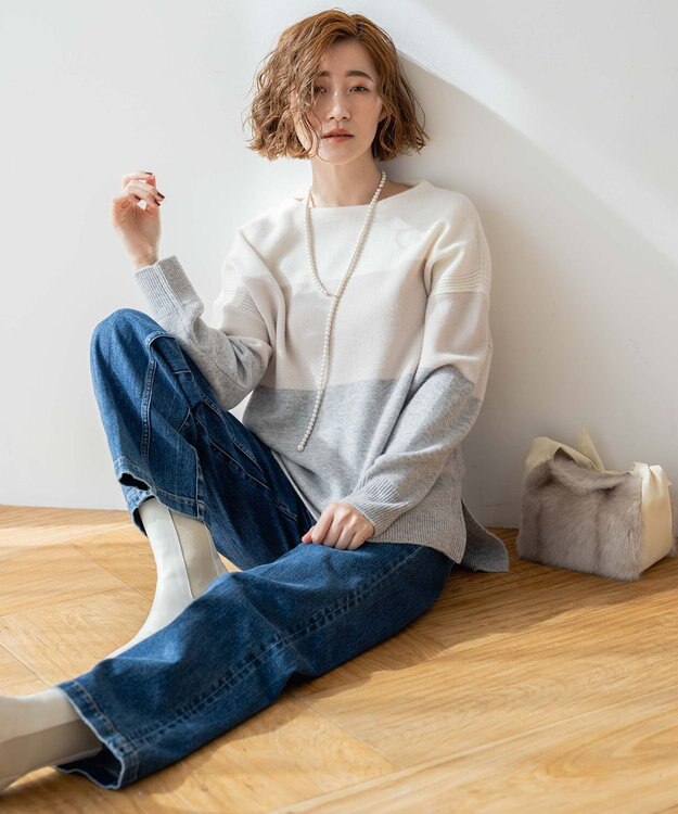 23区 【洗える】ウールカシミヤ カラーブロック ニット オフホワイト系