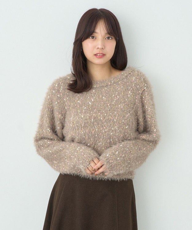 earth music&ecology ジャンボノットシャギーニットプルオーバー Pink Beige
