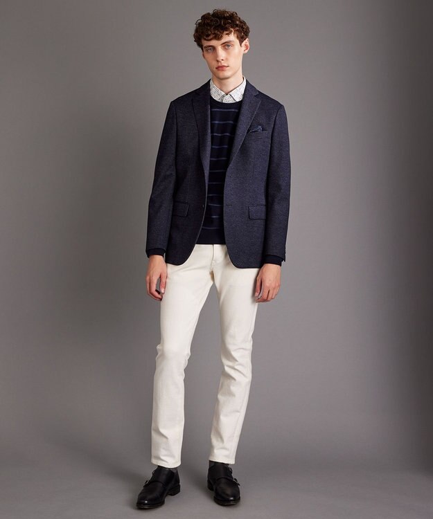 JOSEPH ABBOUD 【洗える】コットンカスリボーダー クルーネック ニット ネイビー系2