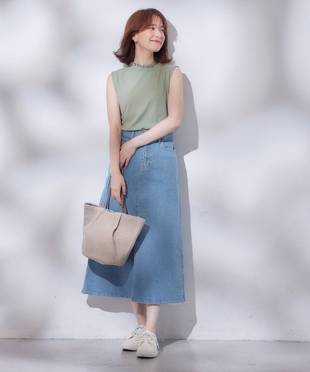 ANY 【洗濯機可能/ストレッチ】フロントスリットデニムスカート ライトインディゴ