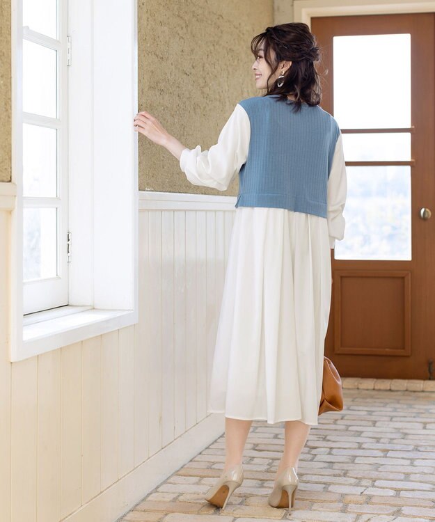 Tiaclasse L 【洗える】一枚でコーデが決まるニットソーレイヤード風ワンピ ブルー×オフ