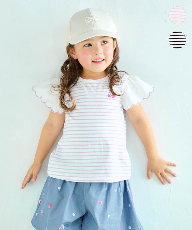 ANY KIDS 袖スカラップ ボーダーTシャツ ラベンダー