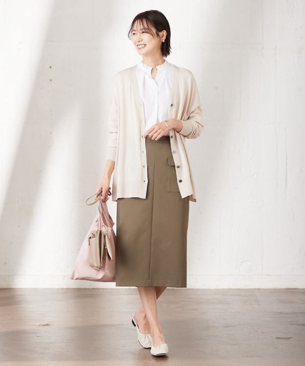 J.PRESS LADIES L コンビジャージー フリルネック カットソー ホワイト系