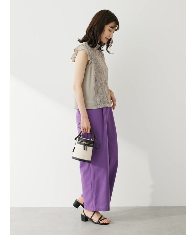 Green Parks 綿麻混タックストレートワイドパンツ Deep Purple