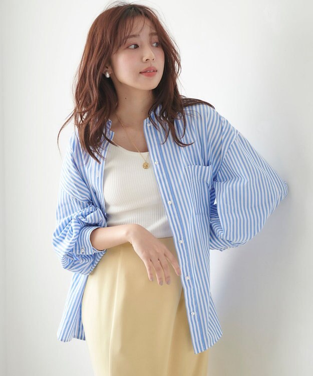 Feroux 【洗える】カラーストライプビッグ シャツ ブルー系1