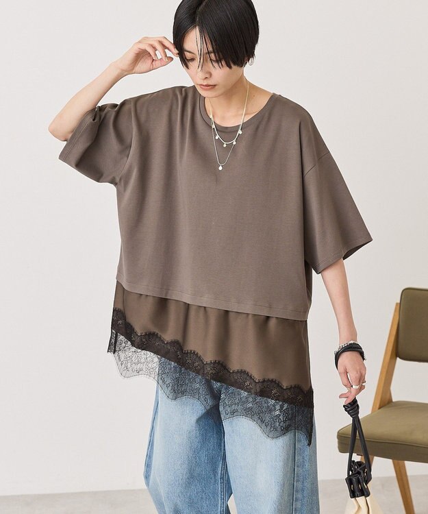 AMERICAN HOLIC レースドッキングＴシャツ Charcoal Gray