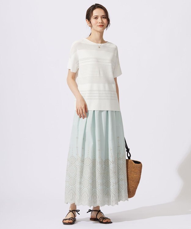 自由区 【UVカット・洗える】クレープストレッチボーダー ニット オフホワイト