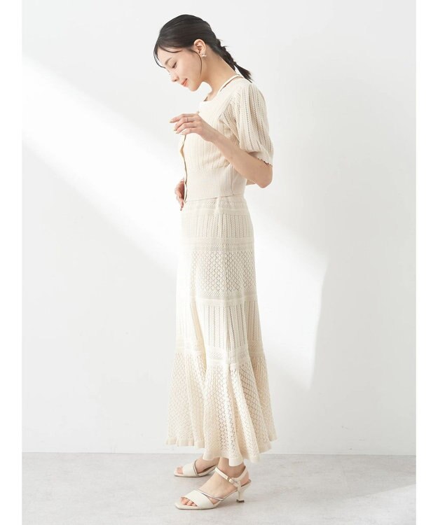 earth music&ecology ２点ＳＥＴ透かし編みカーディガン＋裾フレアスカート Ivory