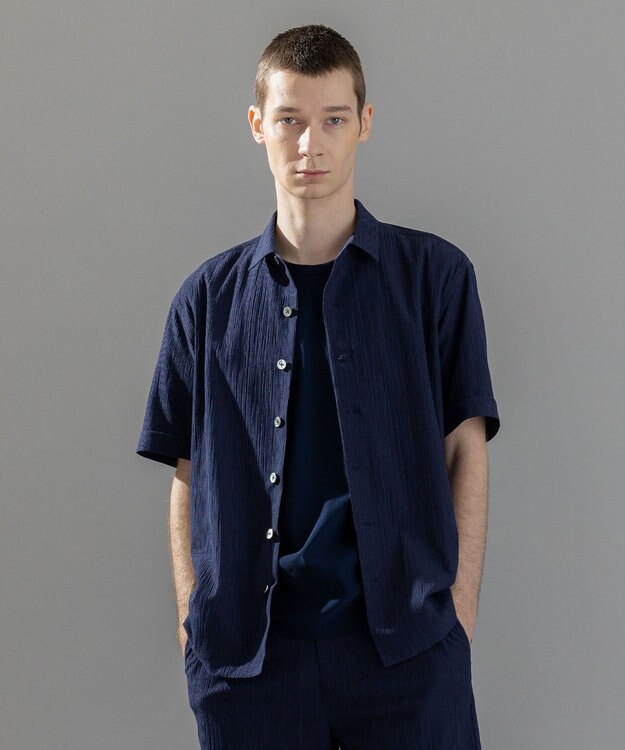 JOSEPH HOMME 新素材【通気性/洗える/ストレッチ】トリコワッシャーストレッチ　レギュラーカラー半袖シャツ ネイビー系