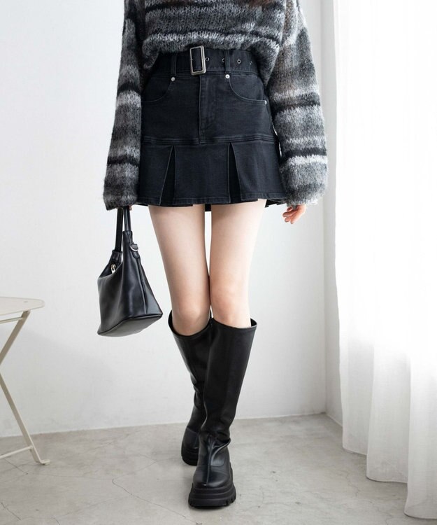 WEGO ベルト付デニムプリーツスカパン ブラック