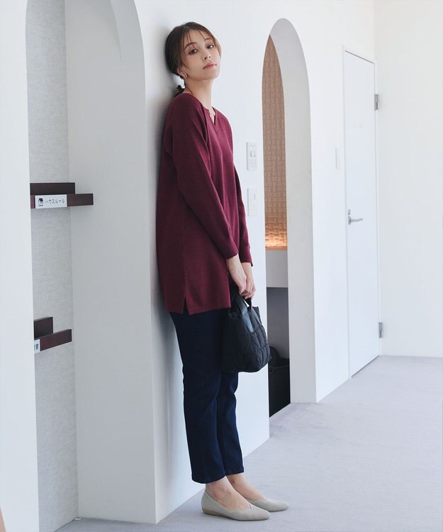 Tiaclasse L 【洗える】キーネックラメニットチュニック ワインレッド