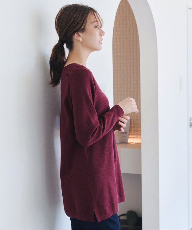 Tiaclasse L 【洗える】キーネックラメニットチュニック ワインレッド